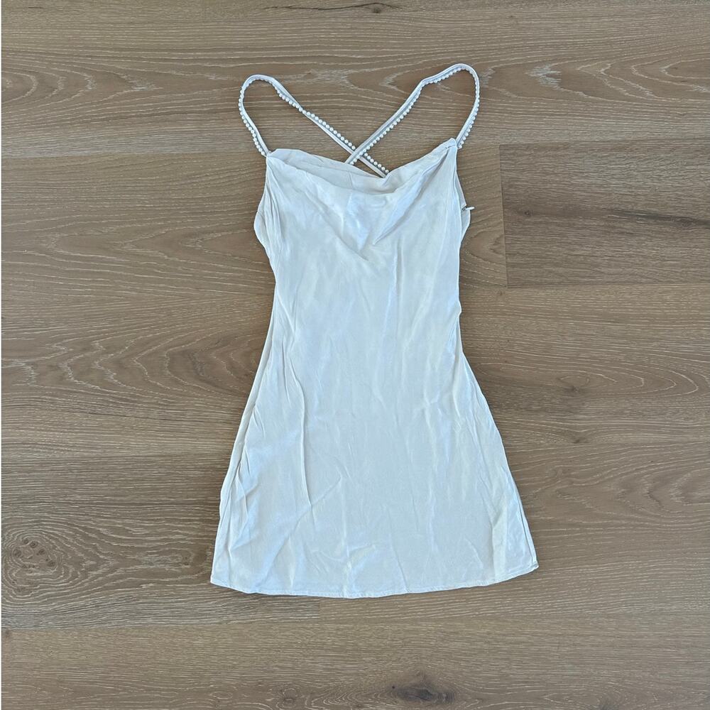 Lovers & Friends Mini Dress Satin Pearl Trim Straps Boa Size S Champagne